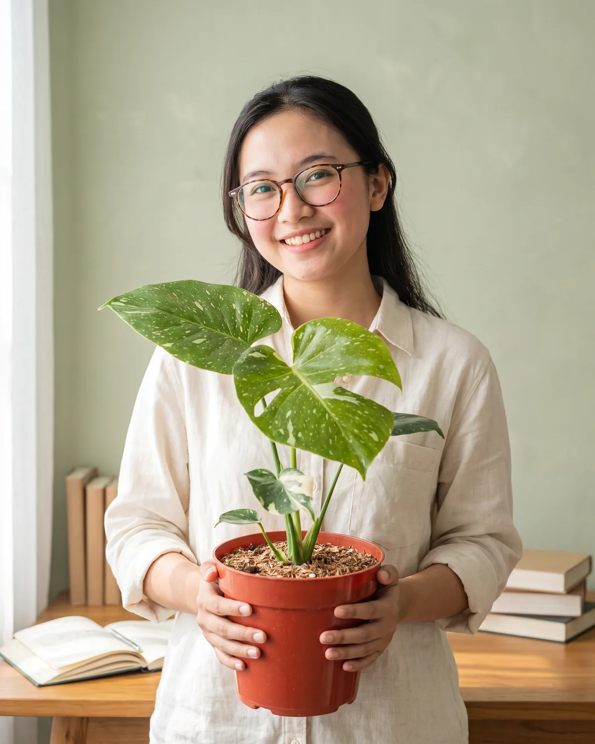 Perempuan muda berkacamata memegang Monstera Thai Constellation dalam pot di ruang kerja yang terang